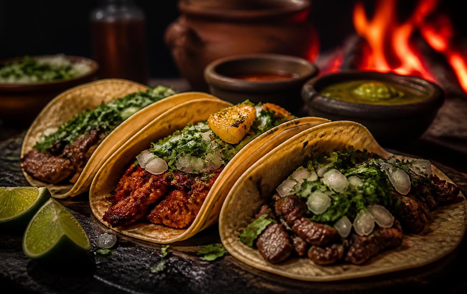 Carne asada, al pastor and chorizo street tacos on a dark board beside a live fire